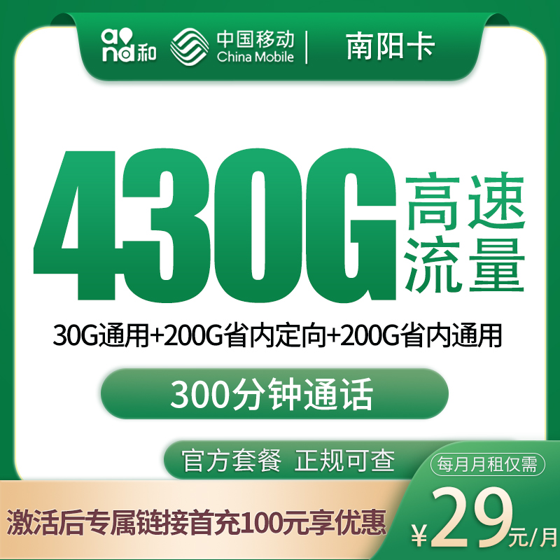 移动南阳卡29元430G+300分钟【只发河南】