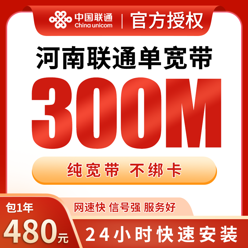河南联通480元包1年单宽带300M【不含调试费】