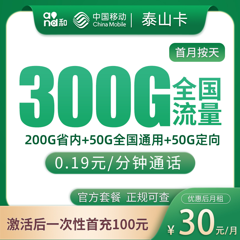 G1移动泰山卡30元300G【只发山东】
