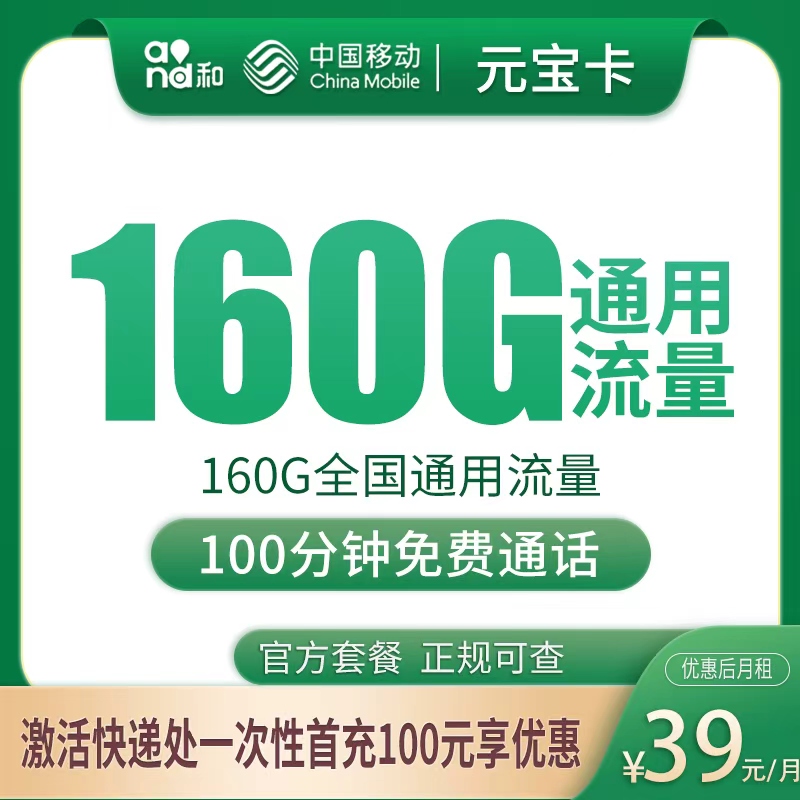 G1移动元宝卡39元160G+100分钟【只发安徽合肥】