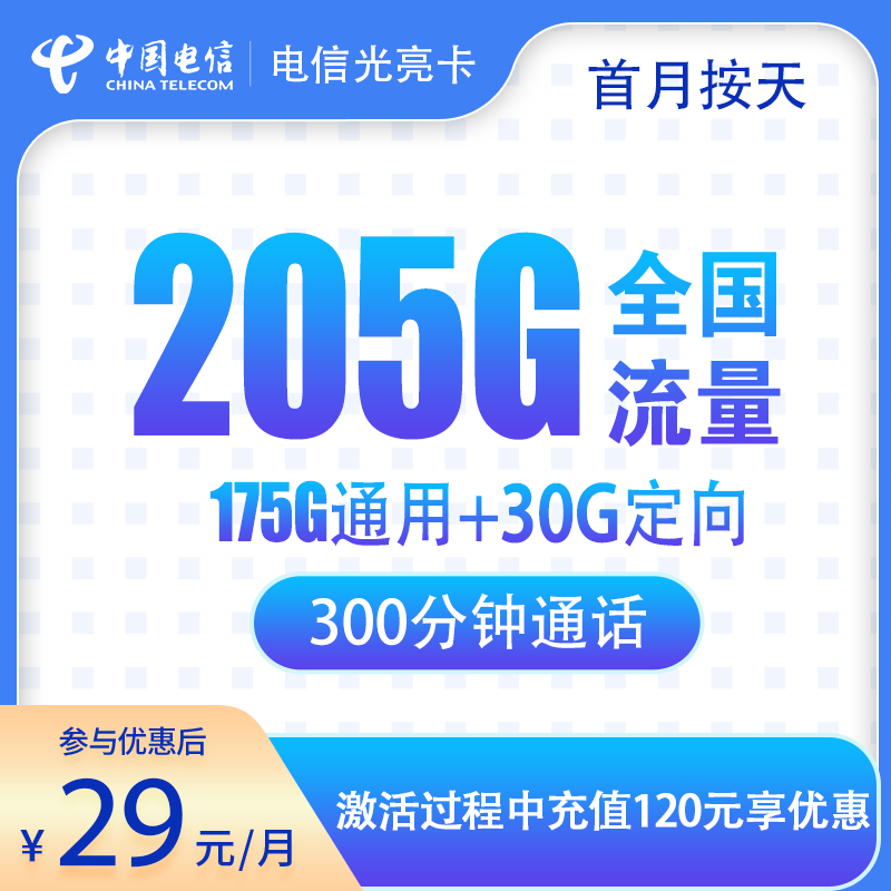 G1电信光亮卡29元205G+300分钟【只发浙江】