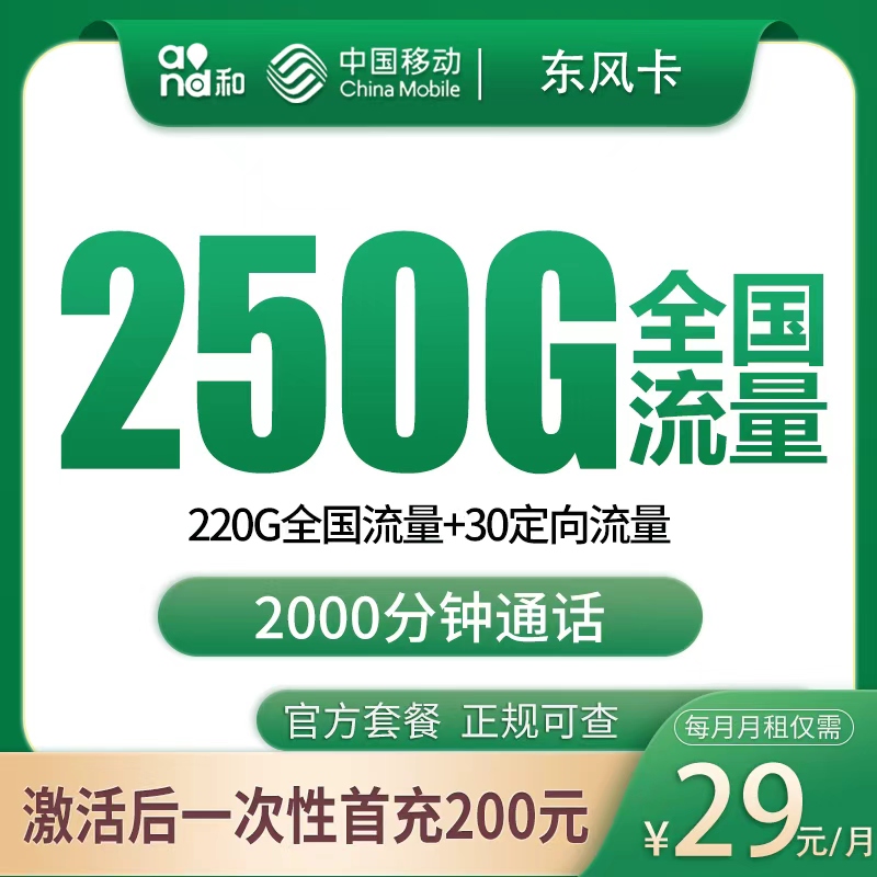 移动东风卡29元250G+2000分钟【发全国】