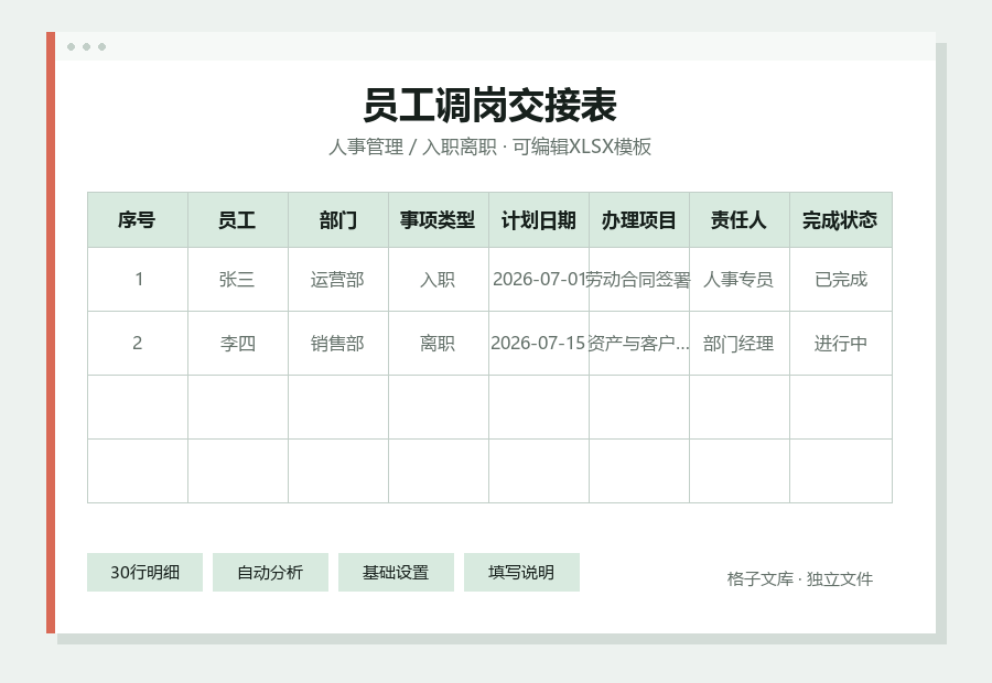 员工调岗交接表Excel表格内容缩略图