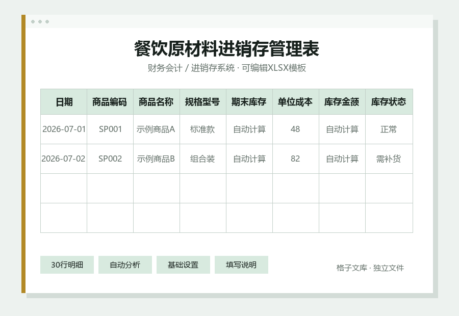 餐饮原材料进销存管理表Excel表格内容预览