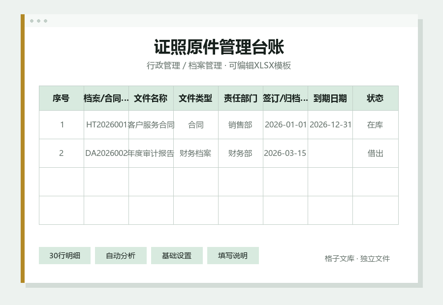 证照原件管理台账Excel表格内容缩略图