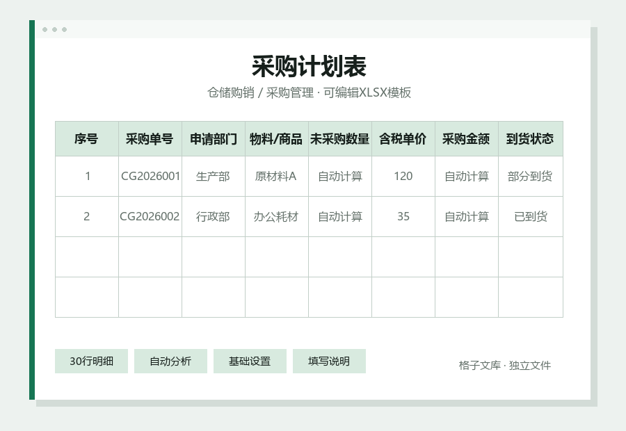 采购计划表Excel表格内容预览