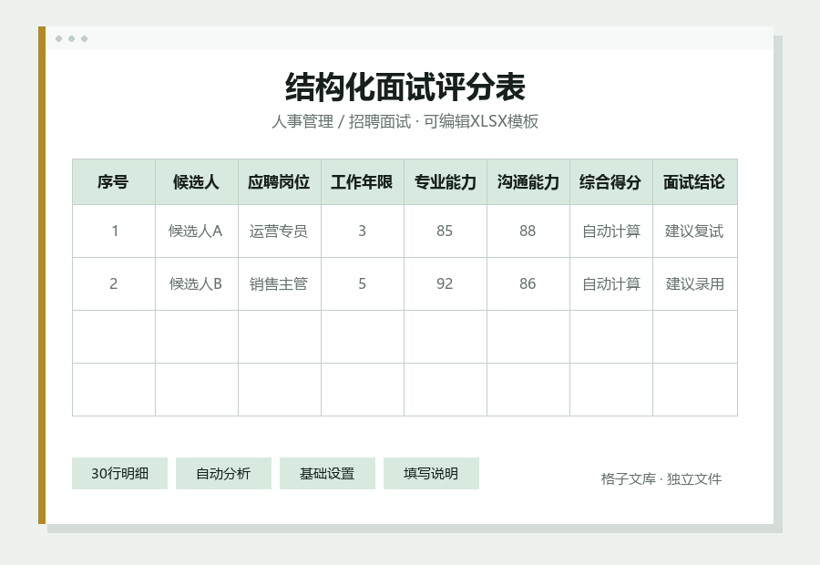 结构化面试评分表Excel表格内容预览