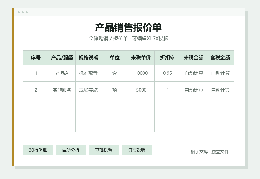 产品销售报价单Excel表格内容预览