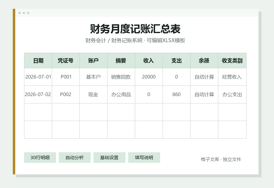 财务月度记账汇总表Excel表格内容缩略图