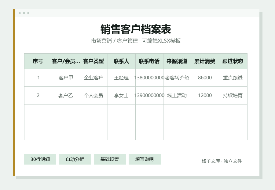 销售客户档案表Excel表格内容预览