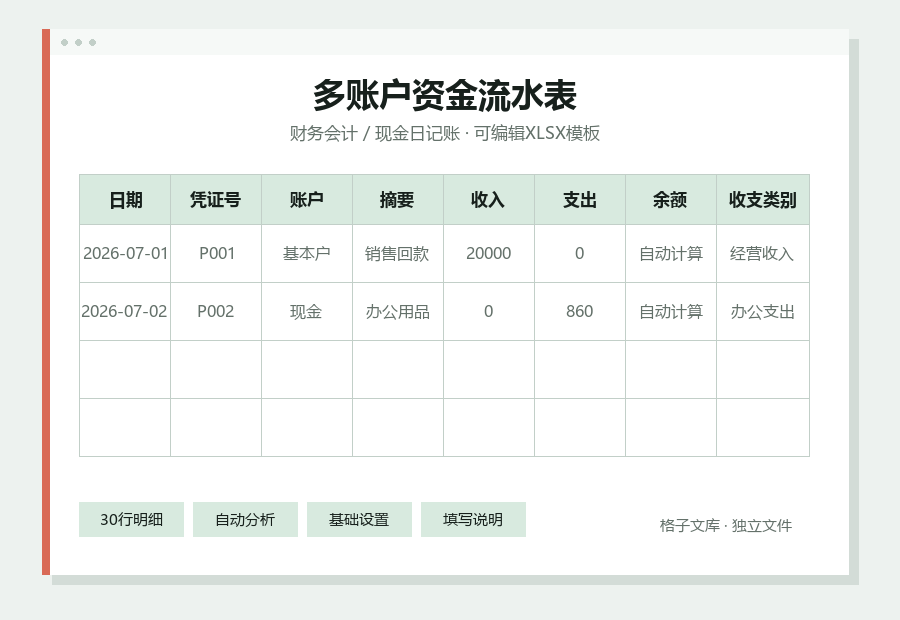 多账户资金流水表Excel表格内容缩略图