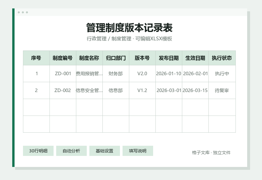 管理制度版本记录表Excel表格内容缩略图