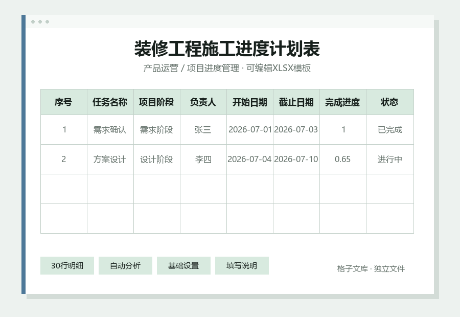 装修工程施工进度计划表Excel表格内容预览