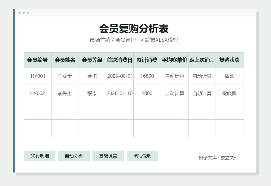 会员复购分析表Excel表格内容预览