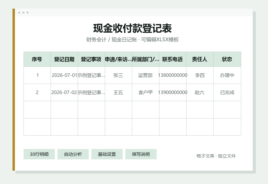 现金收付款登记表Excel表格内容缩略图