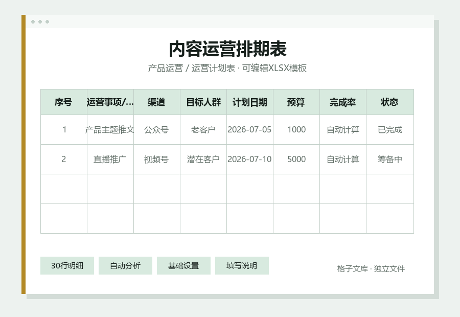 内容运营排期表Excel表格内容缩略图