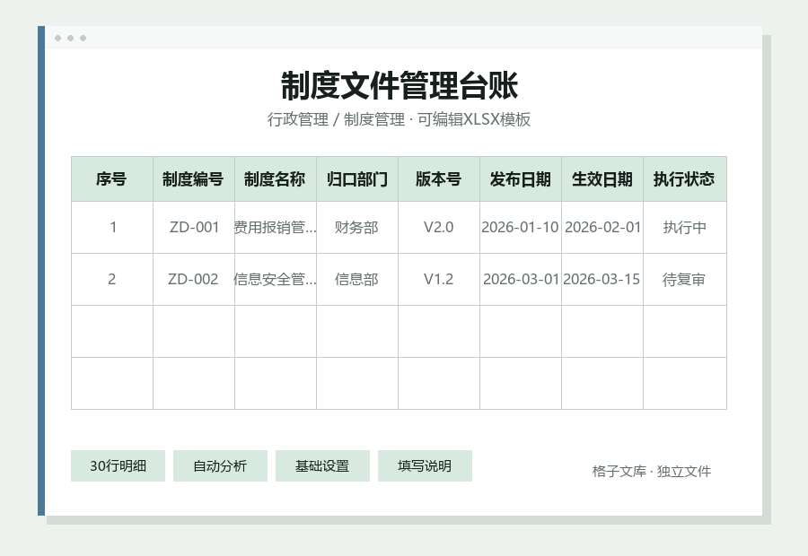 制度文件管理台账Excel表格内容缩略图