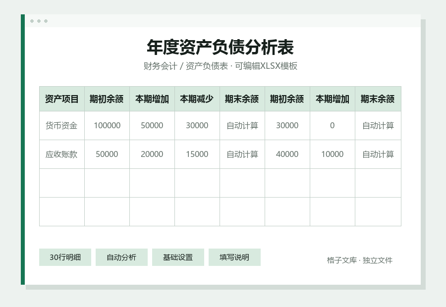 年度资产负债分析表Excel表格内容缩略图