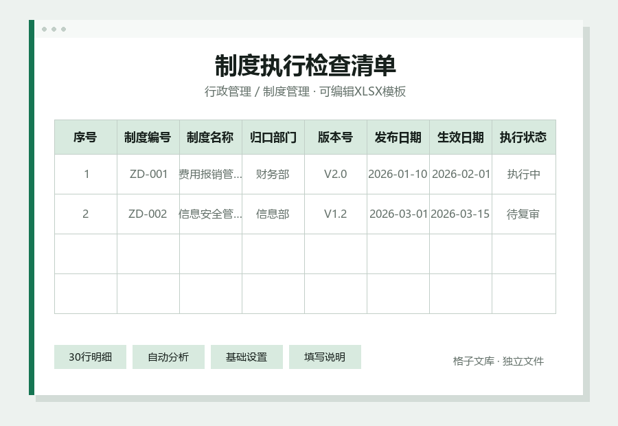 制度执行检查清单Excel表格内容缩略图