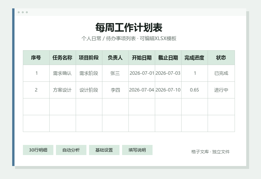 每周工作计划表Excel表格内容缩略图