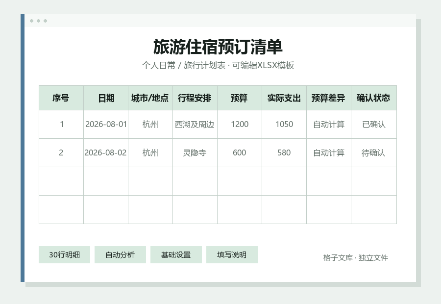 旅游住宿预订清单Excel表格内容缩略图