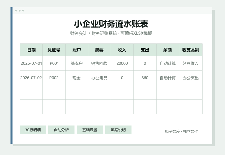 小企业财务流水账表Excel表格内容缩略图