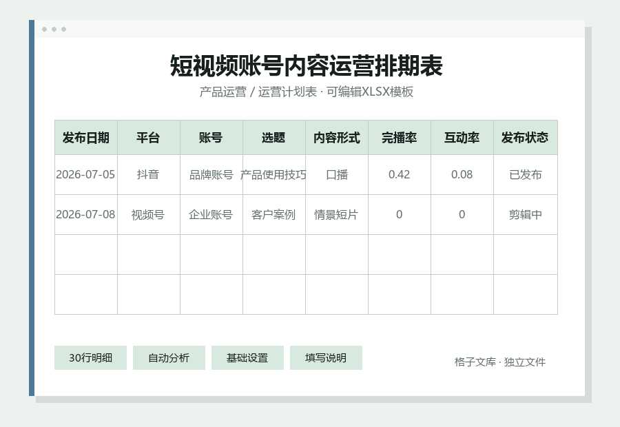 短视频账号内容运营排期表Excel表格内容预览