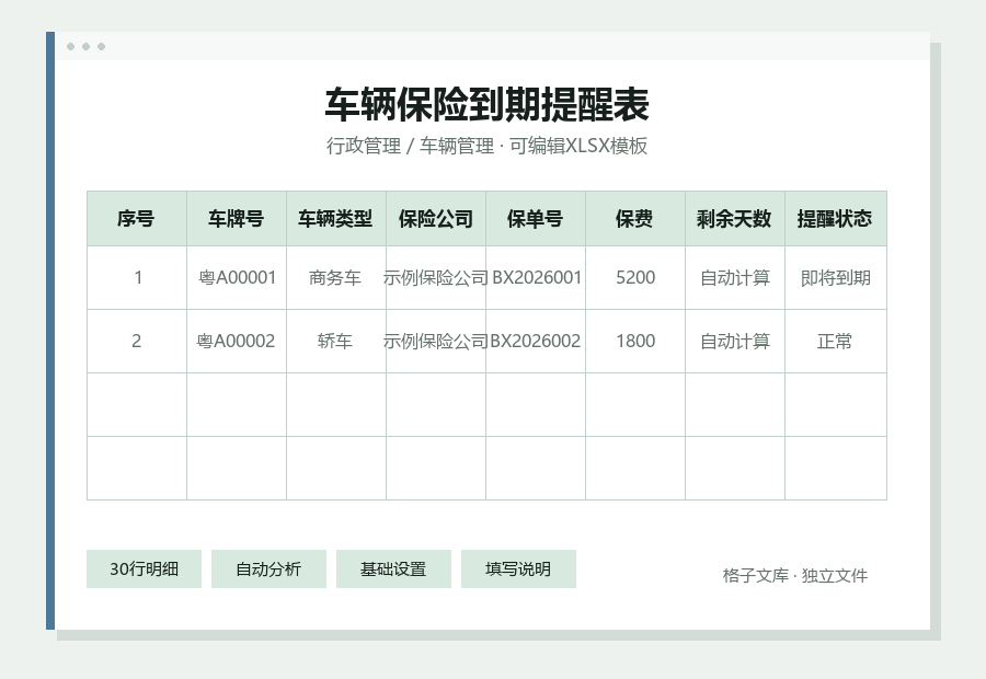车辆保险到期提醒表Excel表格内容缩略图