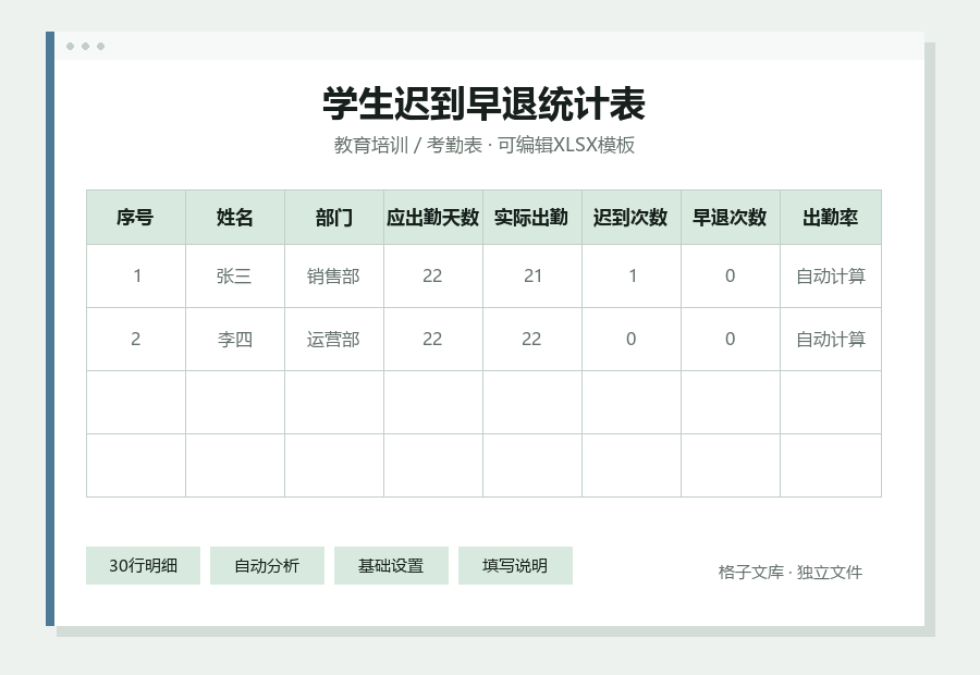 学生迟到早退统计表Excel表格内容缩略图