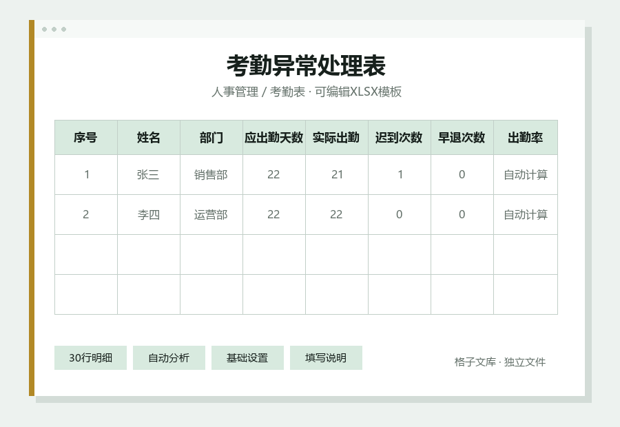 考勤异常处理表Excel表格内容缩略图