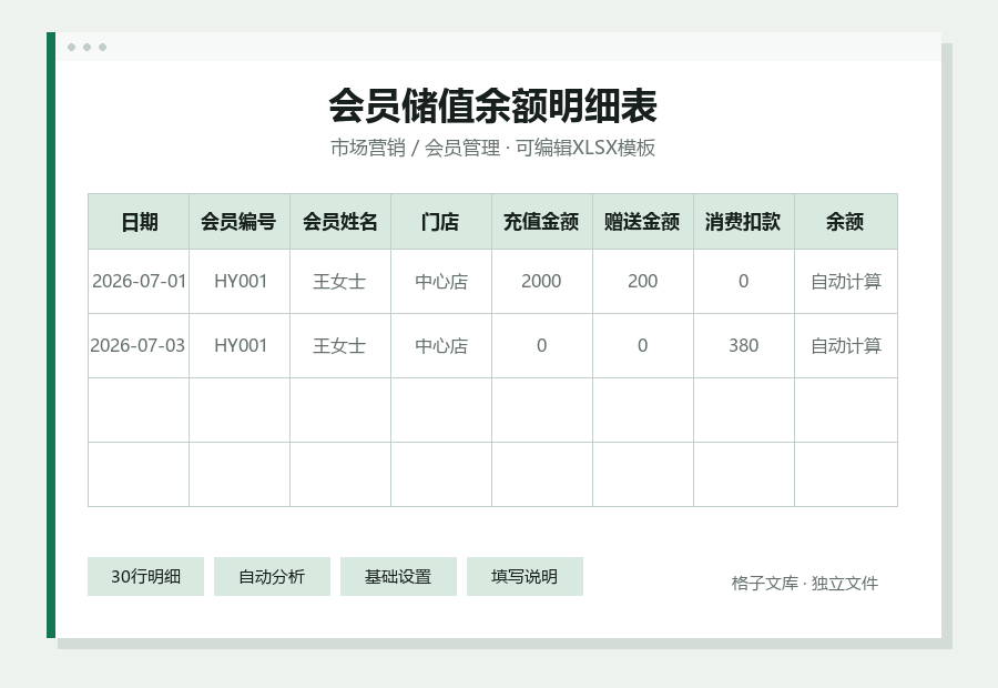会员储值余额明细表Excel表格内容缩略图
