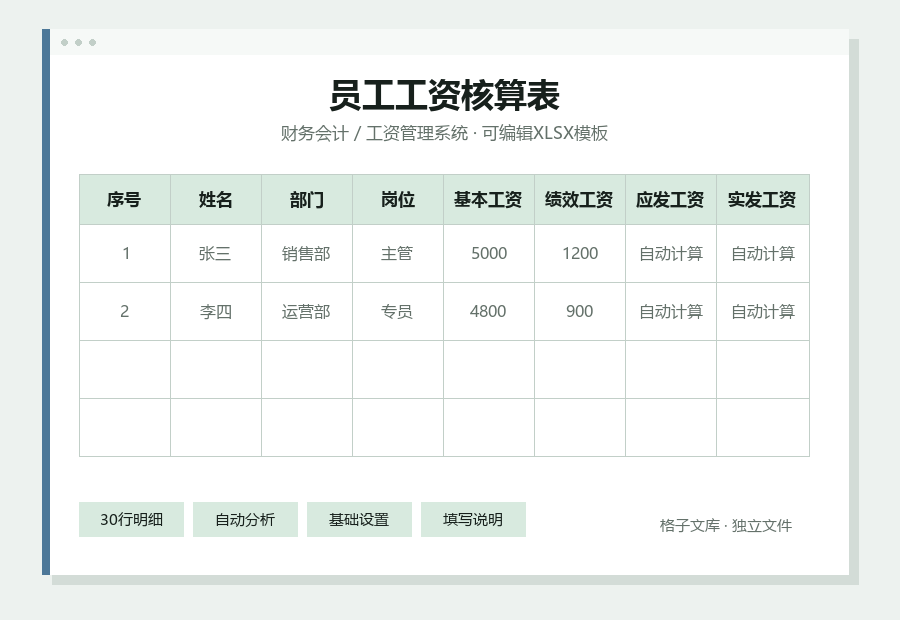 员工工资核算表Excel表格内容缩略图