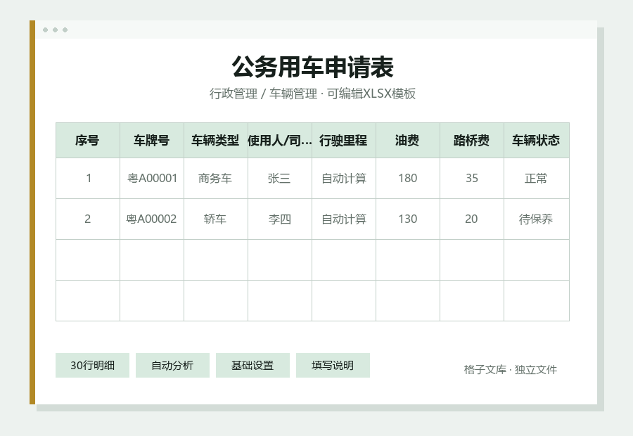 公务用车申请表Excel表格内容缩略图