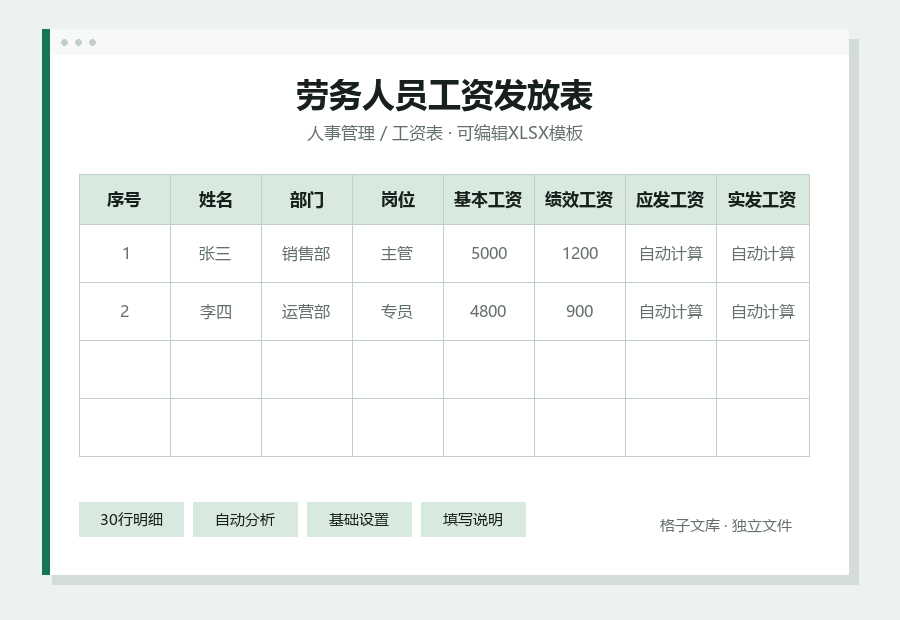劳务人员工资发放表Excel表格内容缩略图