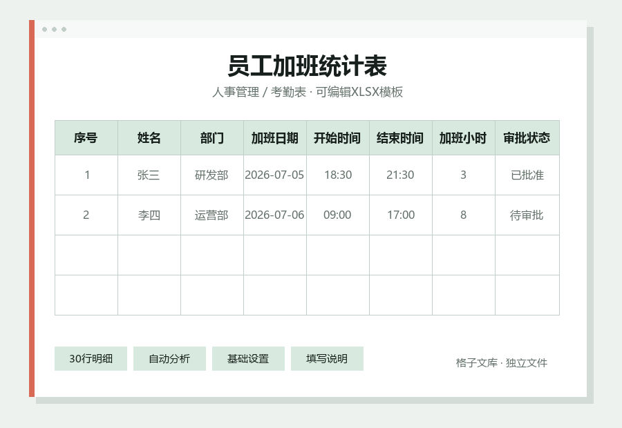 员工加班统计表Excel表格内容缩略图