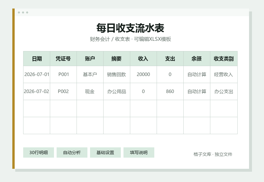 每日收支流水表Excel表格内容缩略图