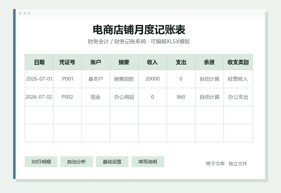 电商店铺月度记账表Excel表格内容缩略图