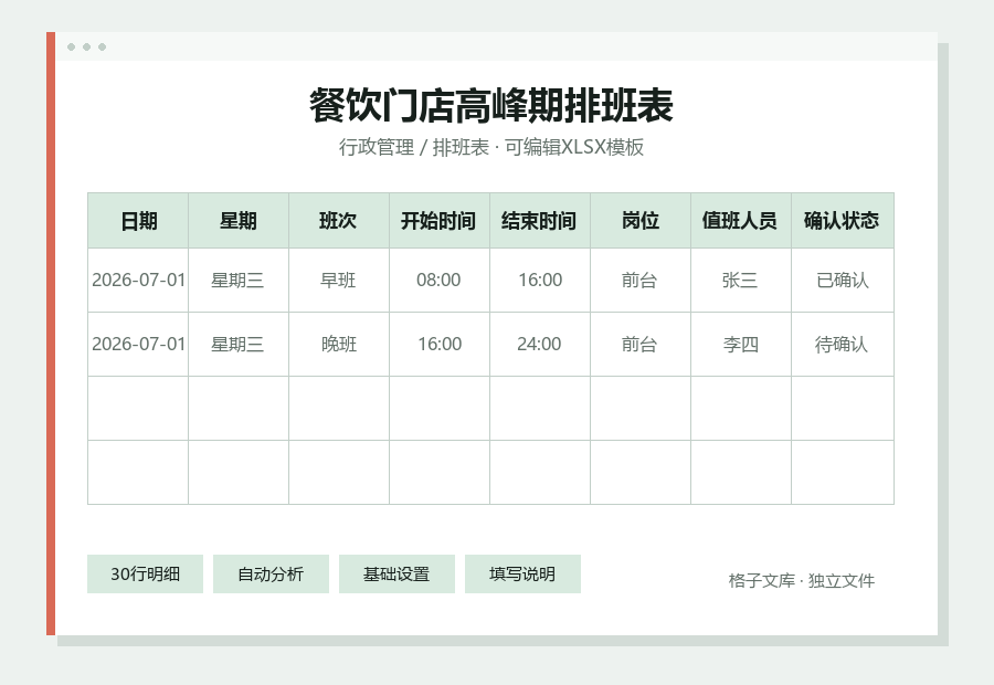 餐饮门店高峰期排班表Excel表格内容预览