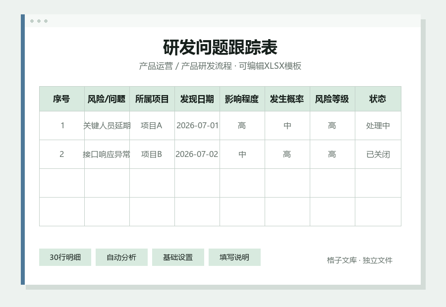 研发问题跟踪表Excel表格内容缩略图