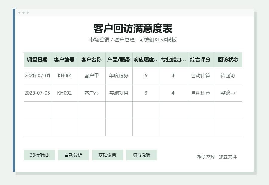 客户回访满意度表Excel表格内容缩略图