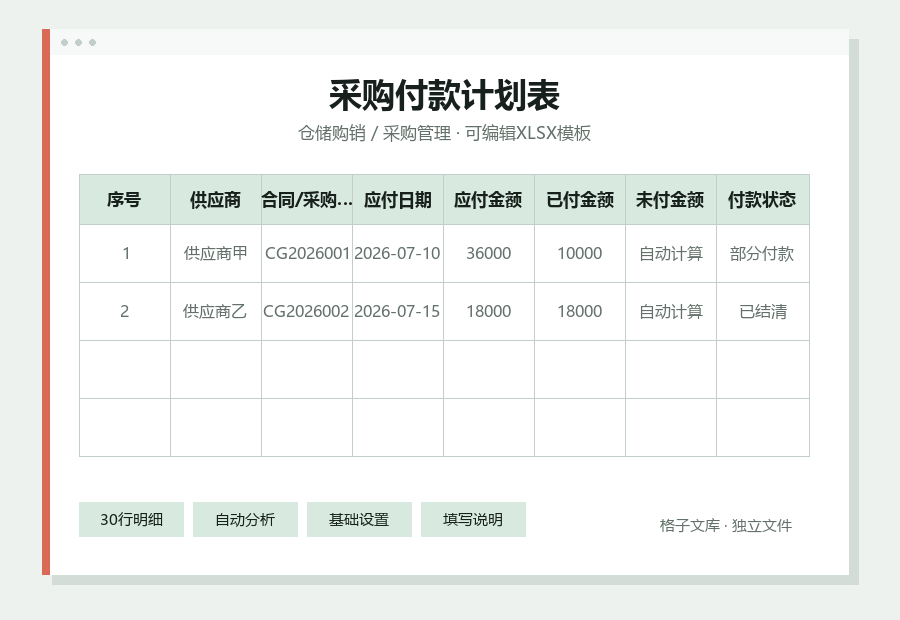 采购付款计划表Excel表格内容缩略图