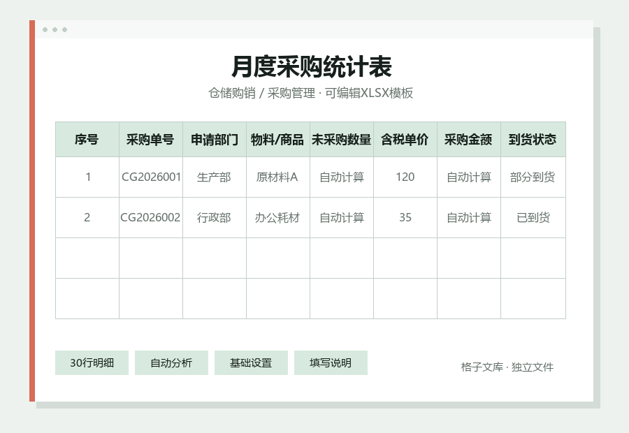 月度采购统计表Excel表格内容缩略图