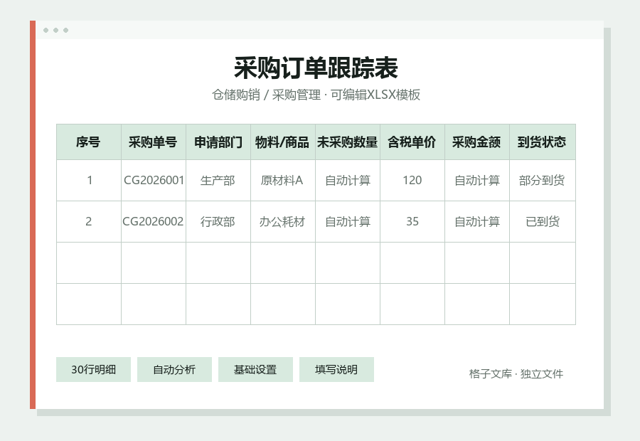 采购订单跟踪表Excel表格内容预览