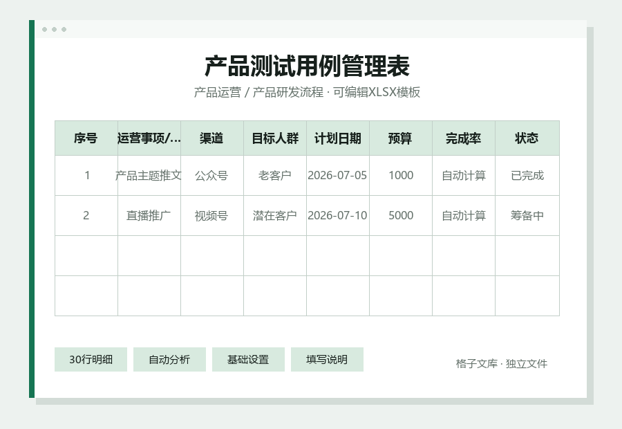 产品测试用例管理表Excel表格内容缩略图
