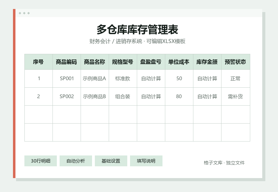 多仓库库存管理表Excel表格内容缩略图