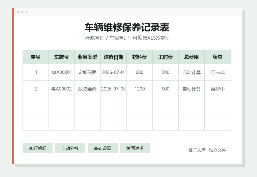 车辆维修保养记录表Excel表格内容缩略图