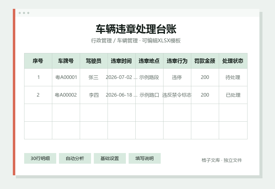 车辆违章处理台账Excel表格内容预览