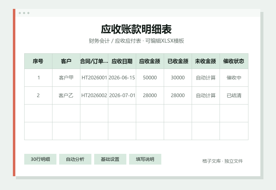 应收账款明细表Excel表格内容缩略图