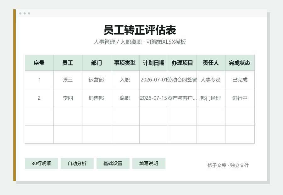 员工转正评估表Excel表格内容缩略图