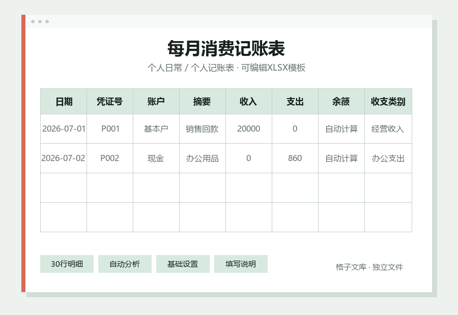 每月消费记账表Excel表格内容预览